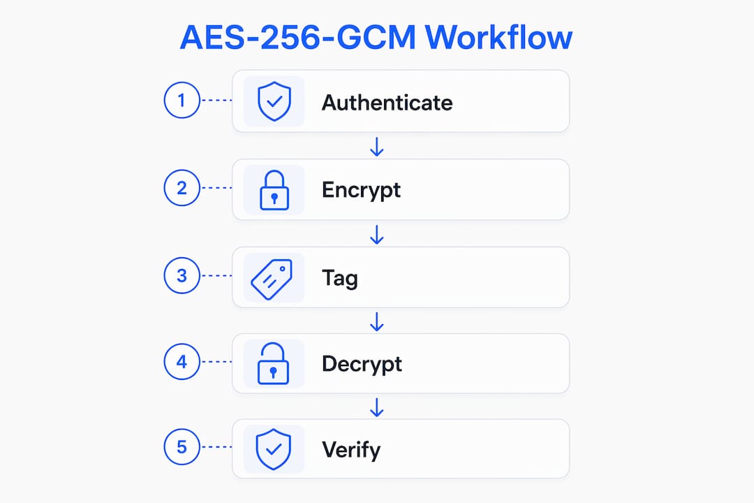 Infographic showing AES-256-GCM encryption steps
