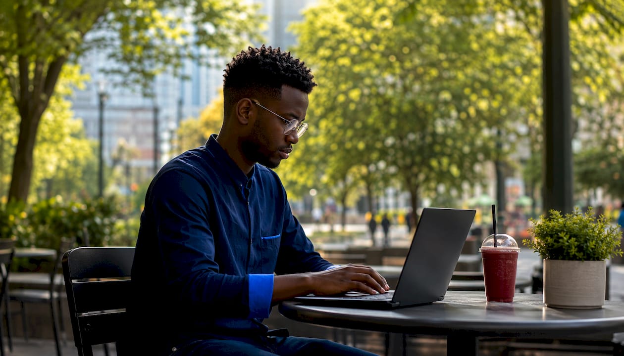 Man streaming content securely in café