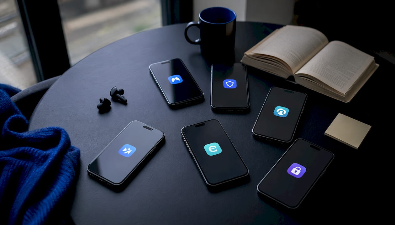 Flat lay of iPhones showing VPN app icons on desk