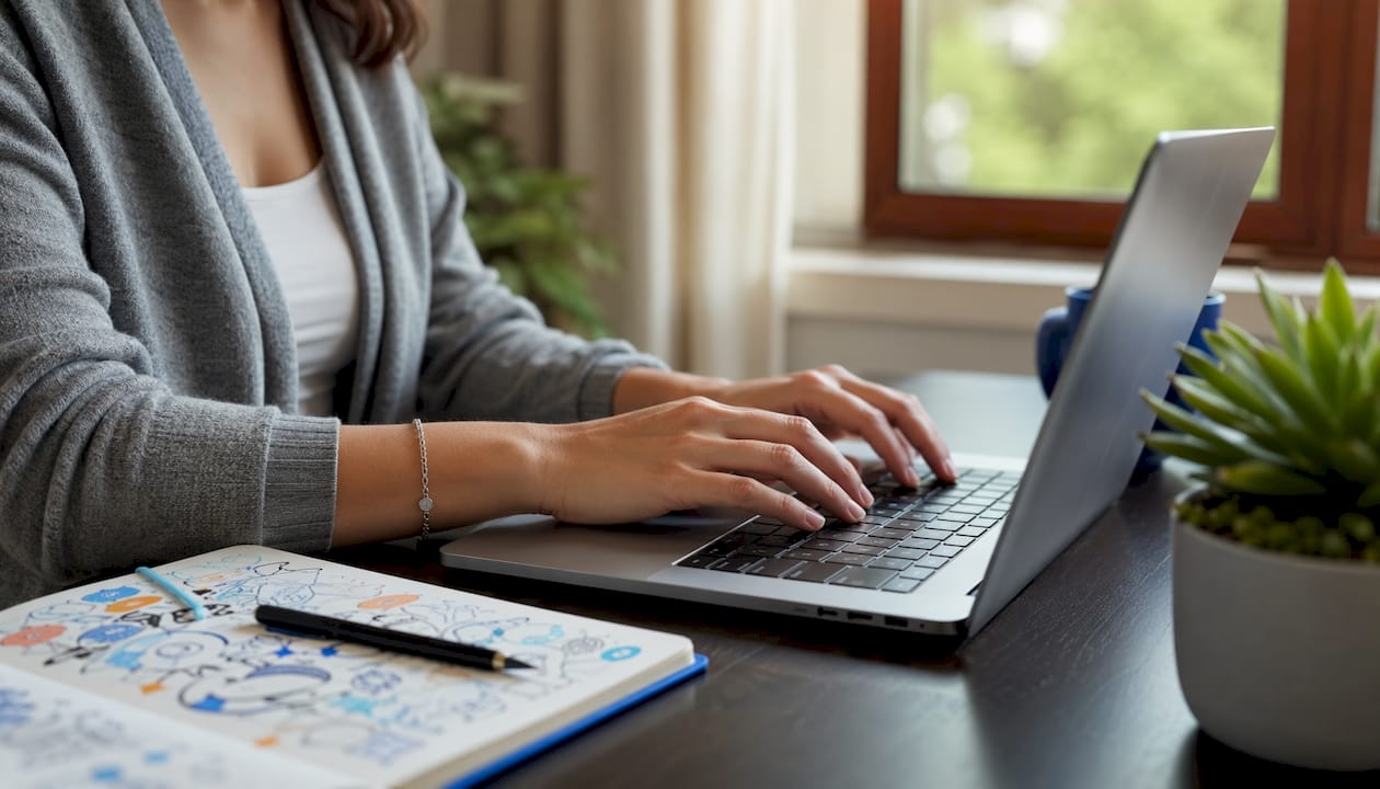 Hands typing on laptop showing VPN tech features