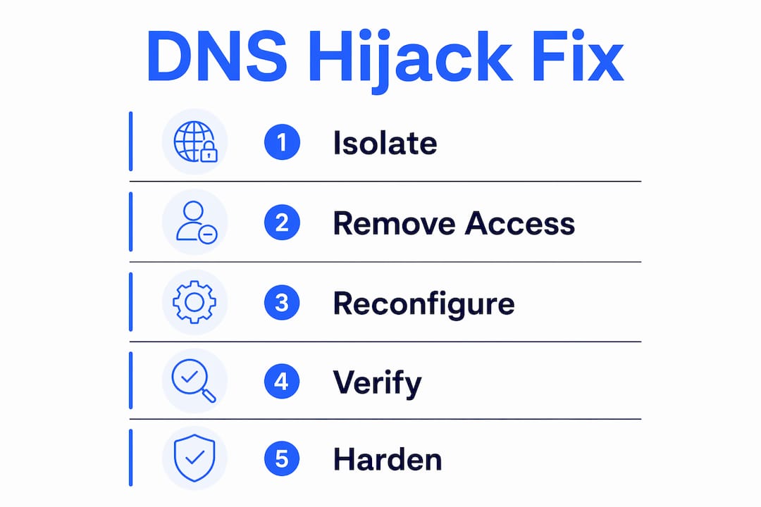 Infographic illustrating DNS hijacking remediation steps