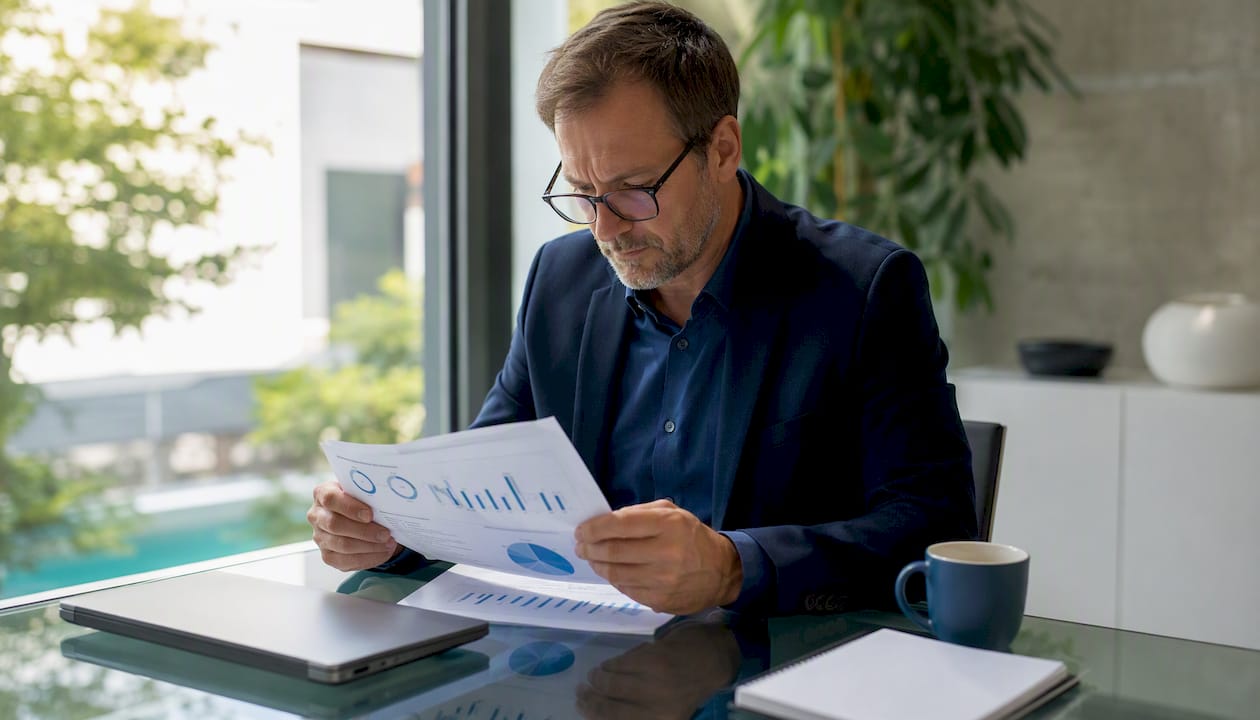 Man reviewing VPN audit report at cafe table