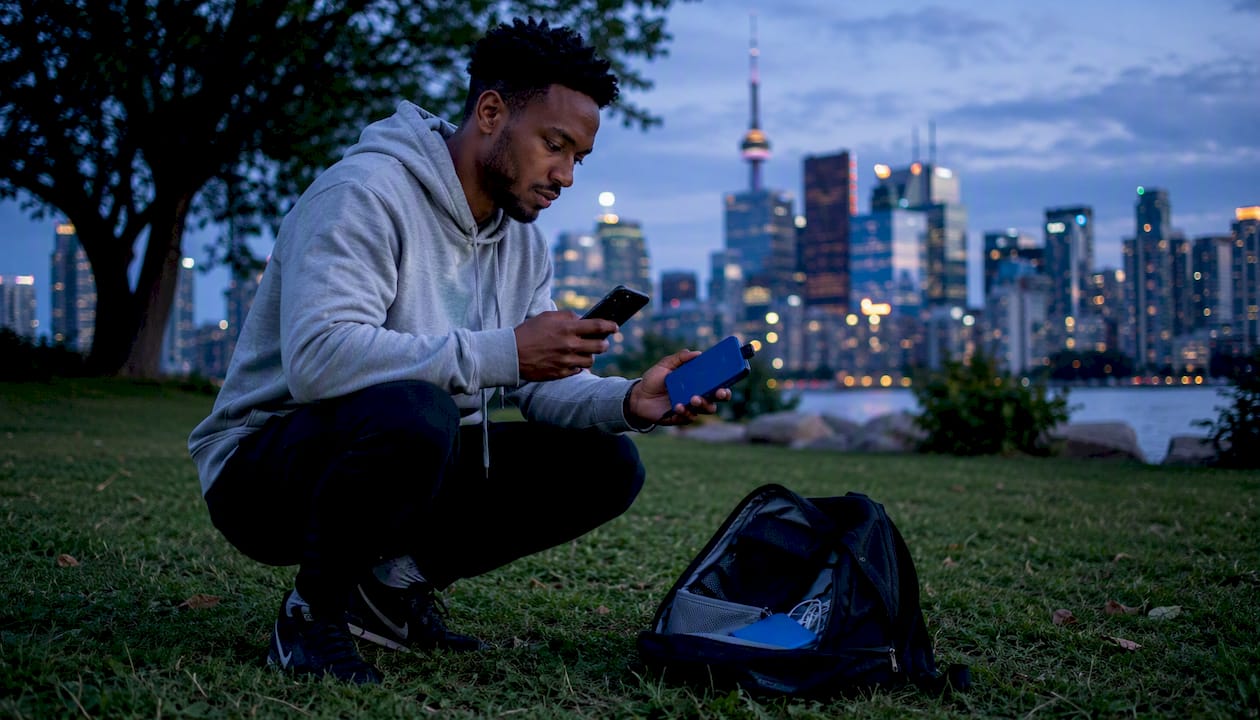 Activist setting up VPN device outdoors