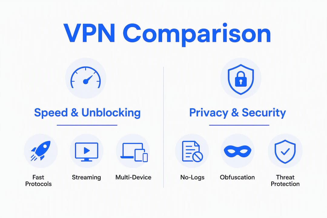 Infographic showing VPNs feature comparison key points
