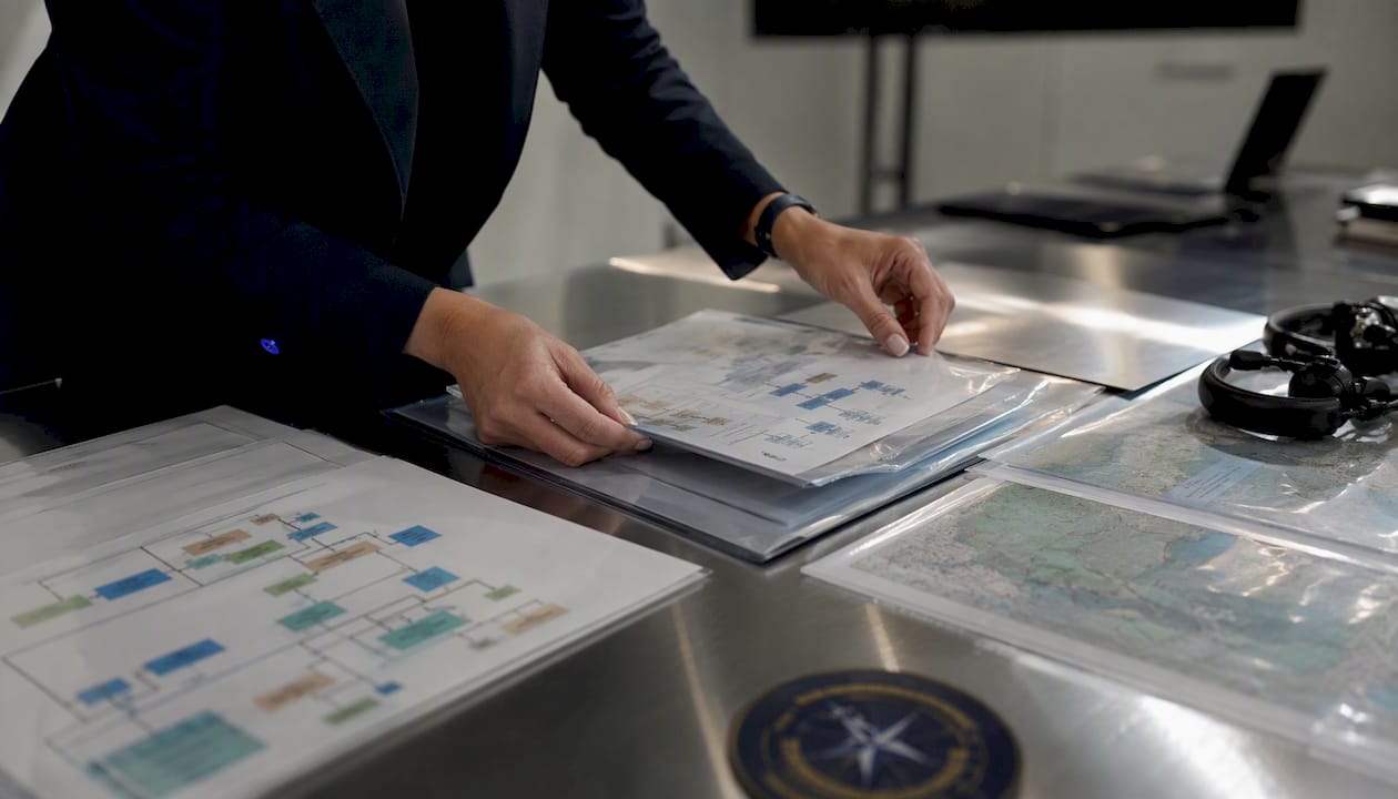 Hands organizing intelligence agency documents
