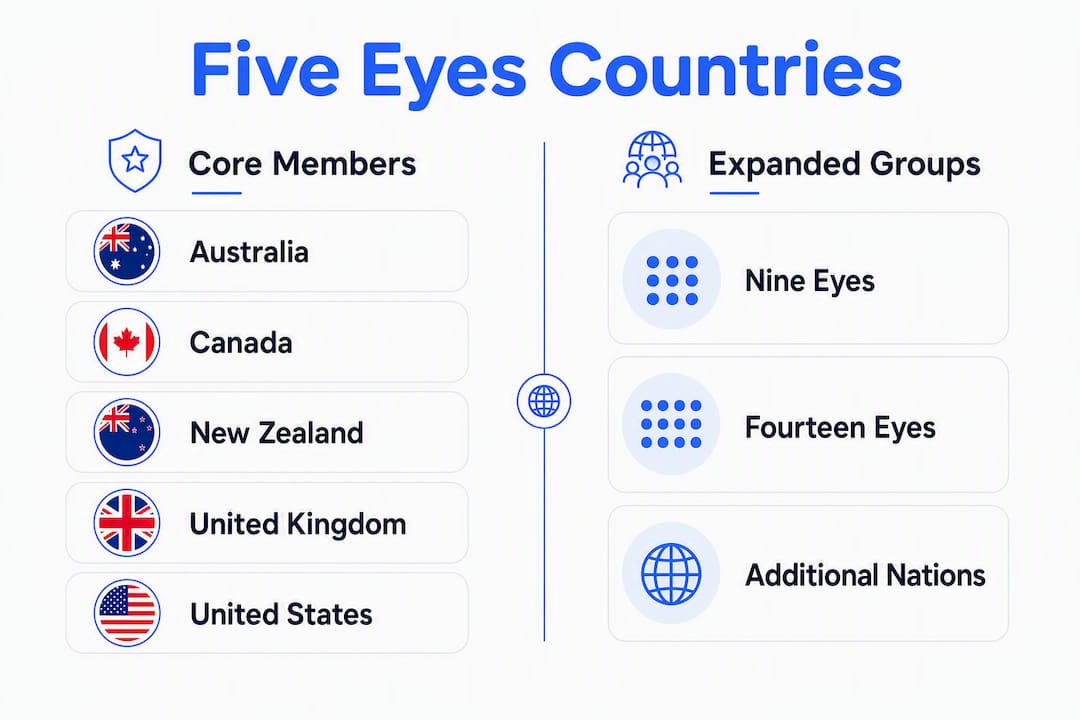 Infographic showing Five Eyes and allied countries