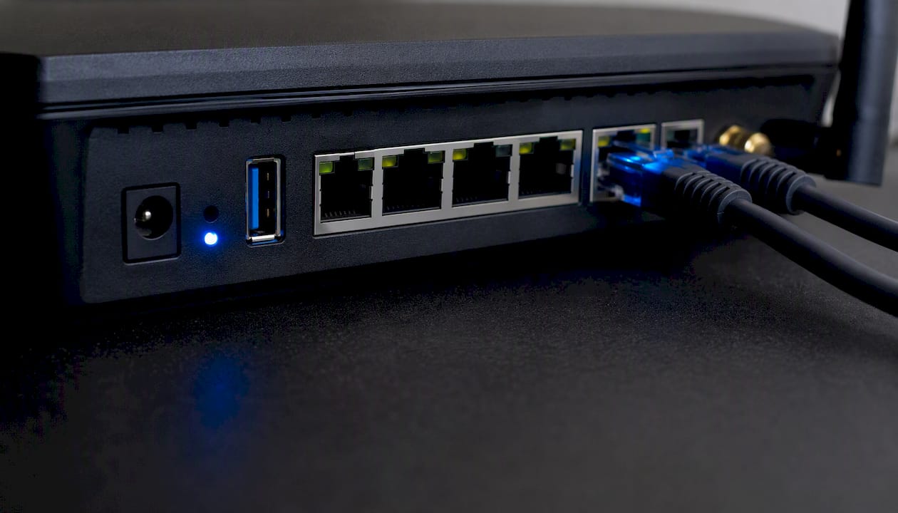 Close-up of router network ports